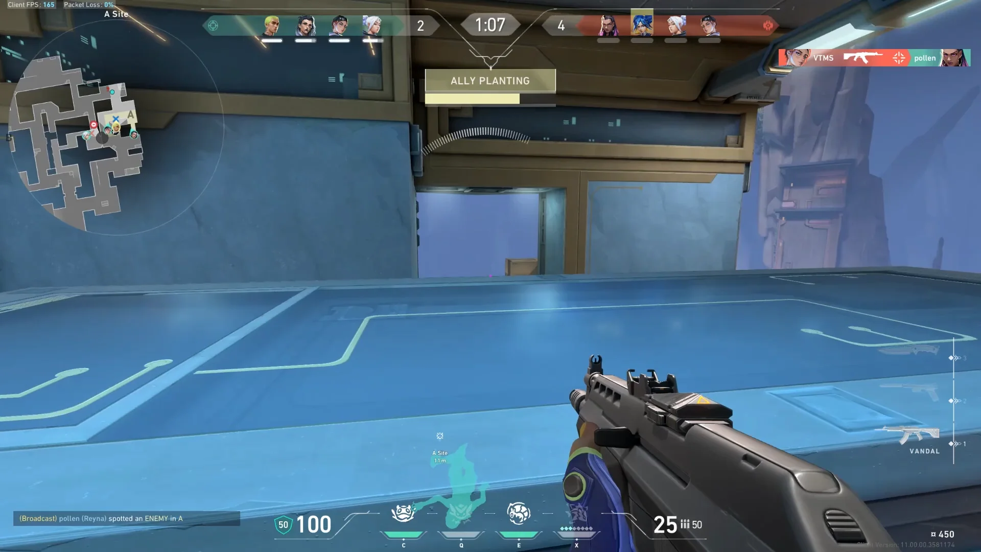 First person perspective of a player holding a tight angle with precise crosshair placement