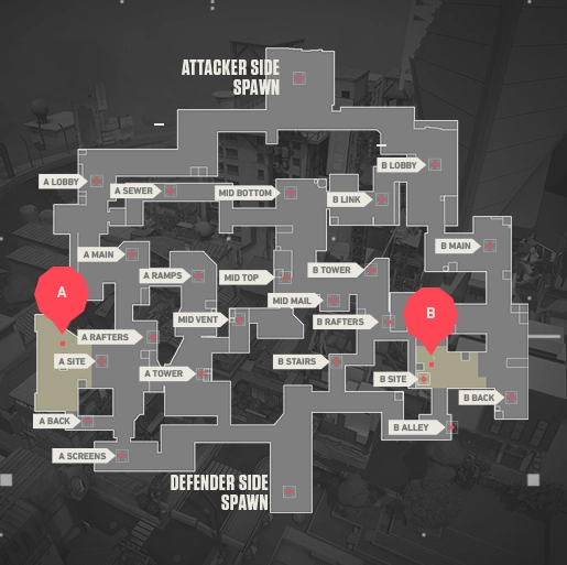Top-down schematic view of a tactical shooter map highlighting key choke points and rotation paths